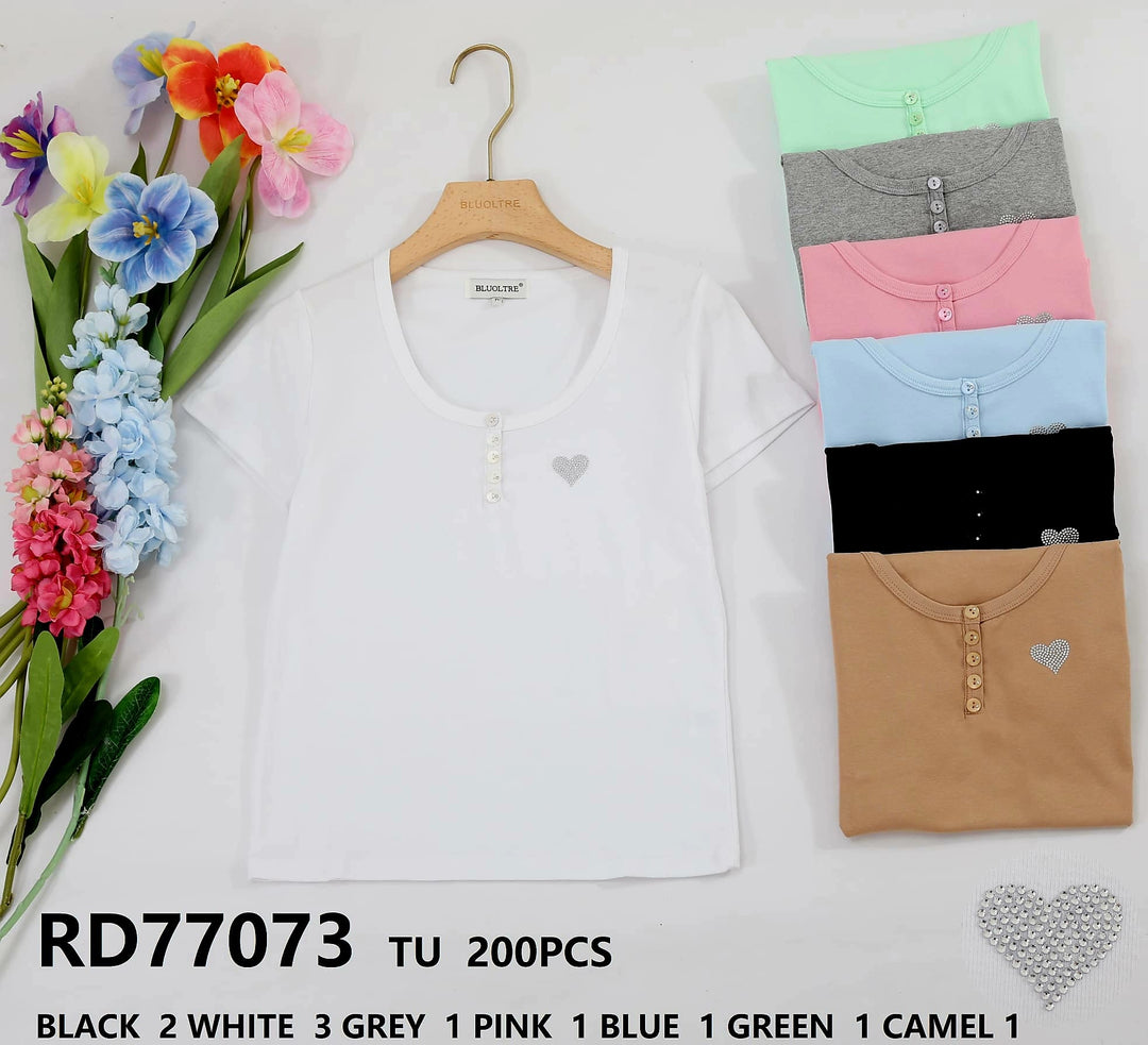 Sequin Heart Button Slim Fit T-shirt (10P.PACK) - jqwholesale.com