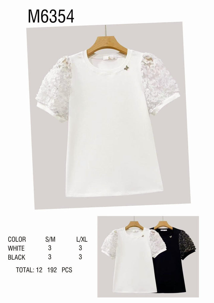 Sequin Rouched Sleeve Butterfly Cotton T-shirt Top (2P.PACK: S/M L/XL) - jqwholesale.com