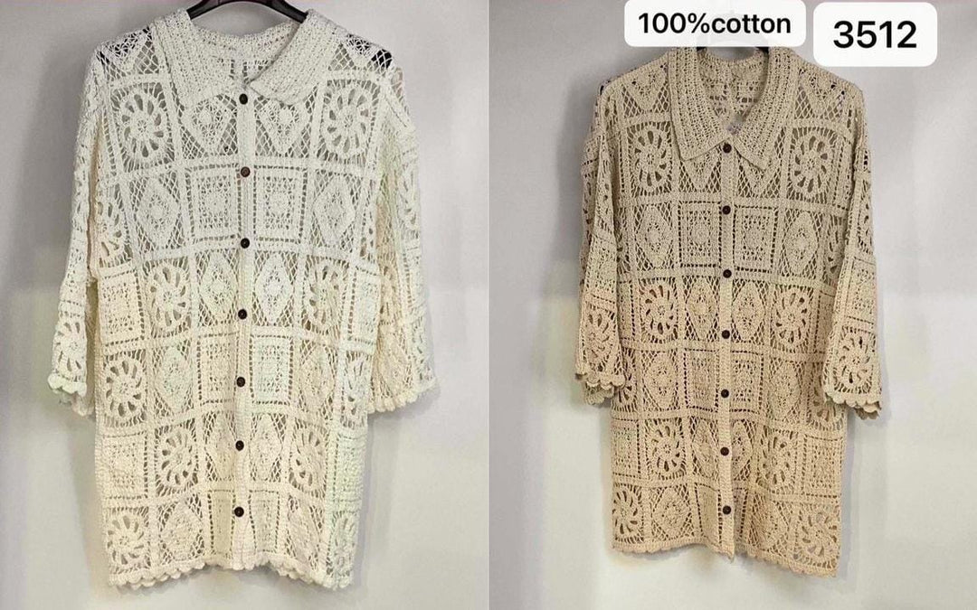 Cotton Crochet Collar 3/4 sleeve Shirt (2P.PACK) - jqwholesale.com
