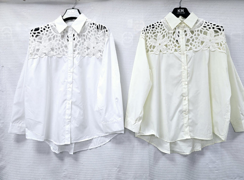 Crochet Panel Curve Hem Cotton Shirt (2P. PACK) - jqwholesale.com