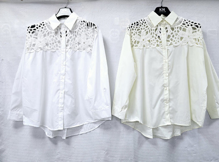 Crochet Panel Curve Hem Cotton Shirt (2P. PACK) - jqwholesale.com