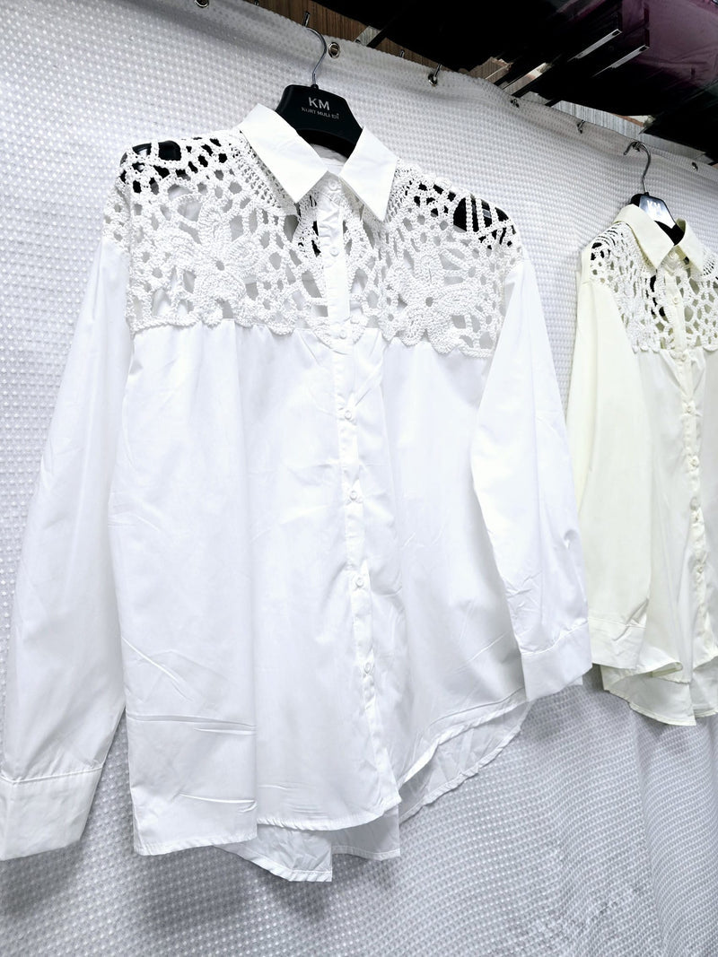 Crochet Panel Curve Hem Cotton Shirt (2P. PACK) - jqwholesale.com