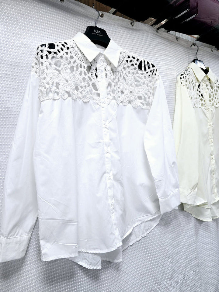 Crochet Panel Curve Hem Cotton Shirt (2P. PACK) - jqwholesale.com
