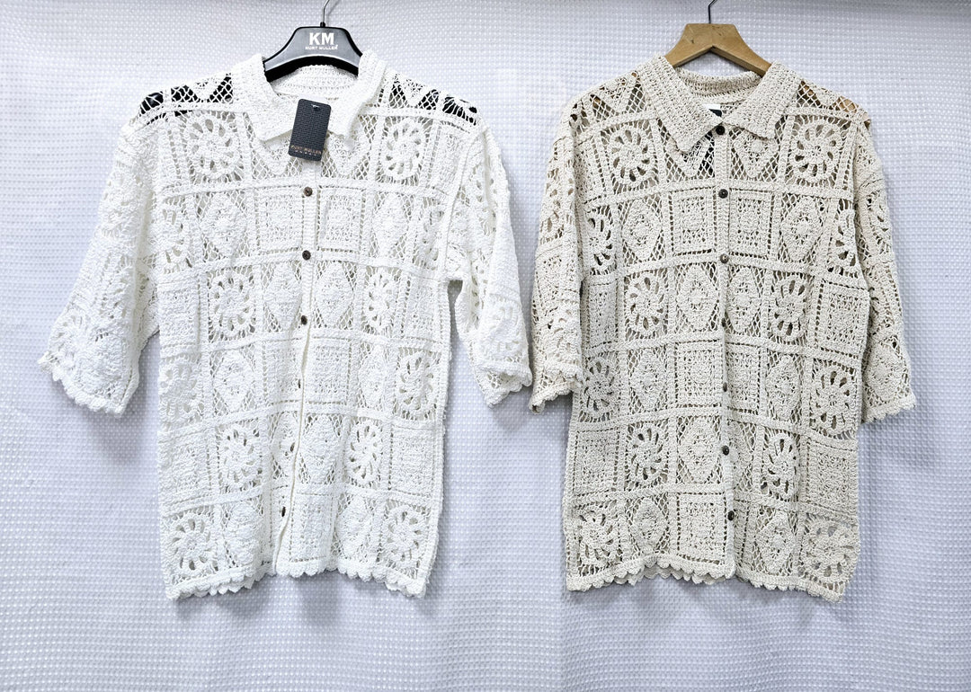 Cotton Crochet Collar 3/4 sleeve Shirt (2P.PACK) - jqwholesale.com