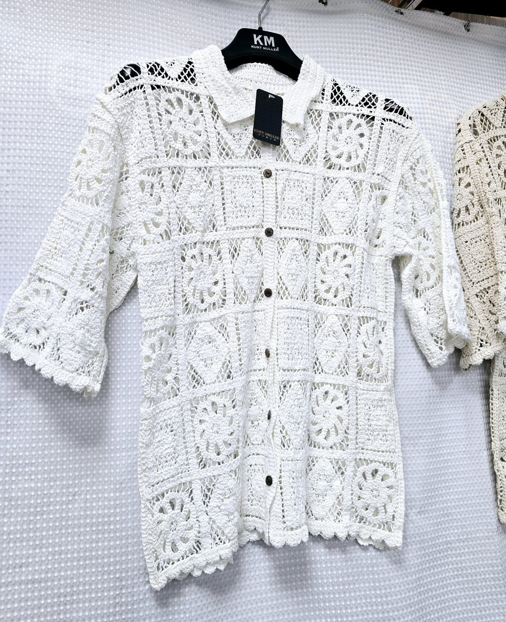 Cotton Crochet Collar 3/4 sleeve Shirt (2P.PACK) - jqwholesale.com
