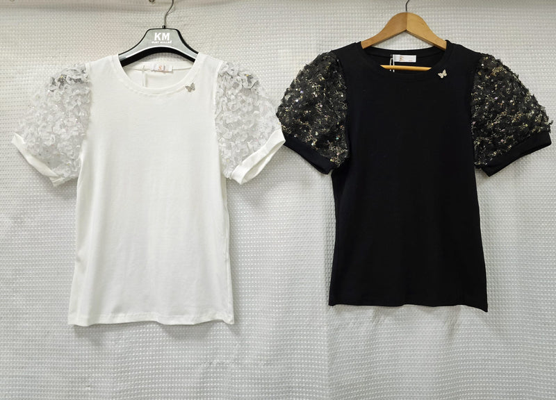Sequin Rouched Sleeve Butterfly Cotton T-shirt Top (2P.PACK: S/M L/XL) - jqwholesale.com
