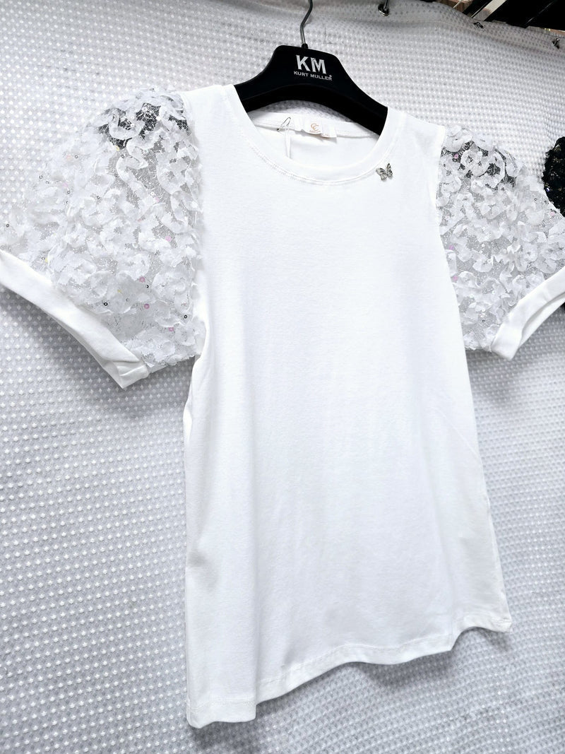 Sequin Rouched Sleeve Butterfly Cotton T-shirt Top (2P.PACK: S/M L/XL) - jqwholesale.com