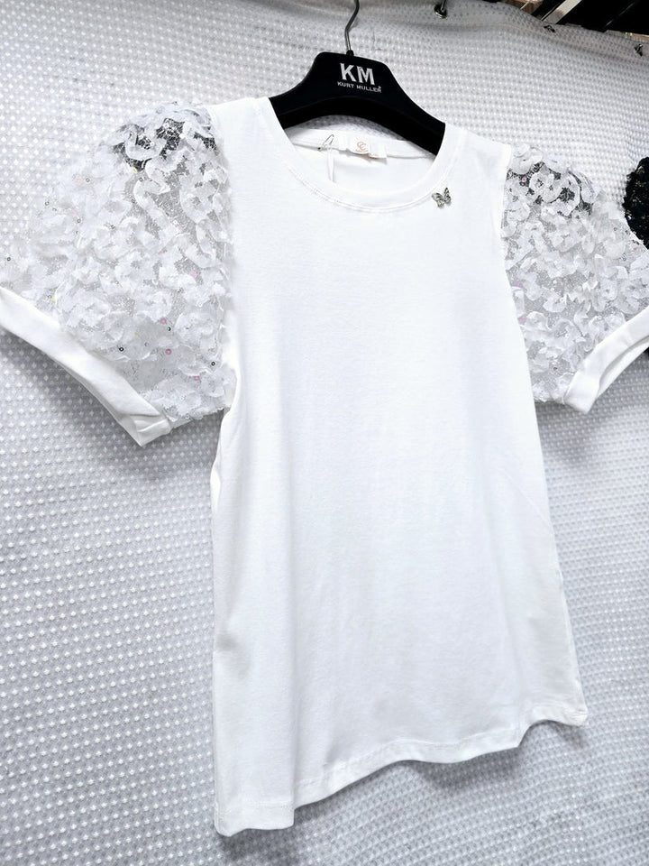 Sequin Rouched Sleeve Butterfly Cotton T-shirt Top (2P.PACK: S/M L/XL) - jqwholesale.com