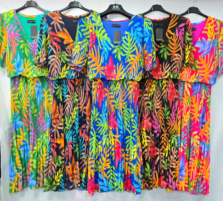 Palm Print Short Sleeve Plisse Layered Maxi Dress - jqwholesale.com