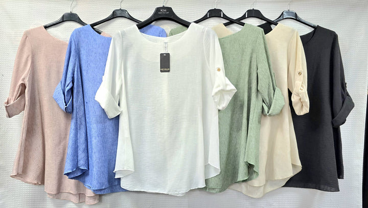 Turn Up Sleeve Curved Hem Top - jqwholesale.com