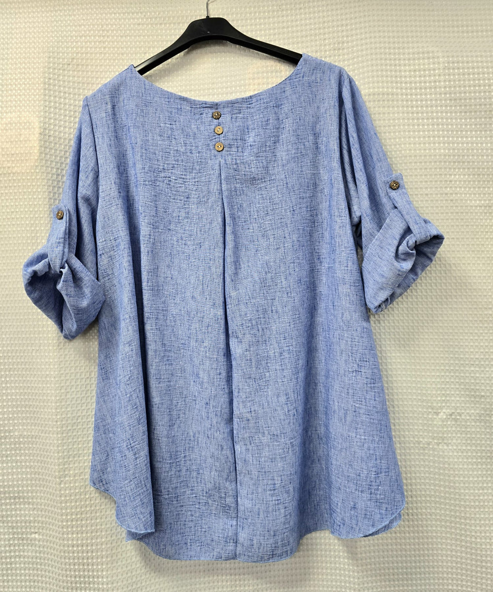 Turn Up Sleeve Curved Hem Top - jqwholesale.com