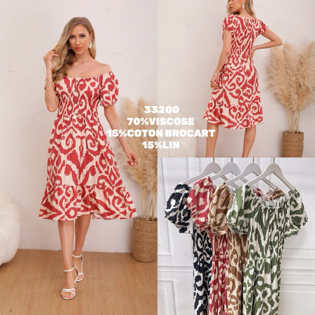 Marble Print Cotton Linen Bardot Midi Dress (3P.PACK) - jqwholesale.com