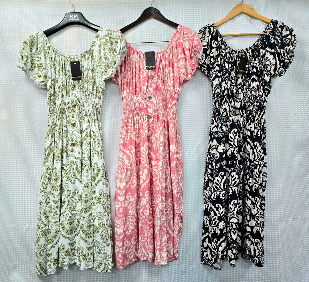 Paisley Print Bardot Midi Dress (2P.PACK) - jqwholesale.com