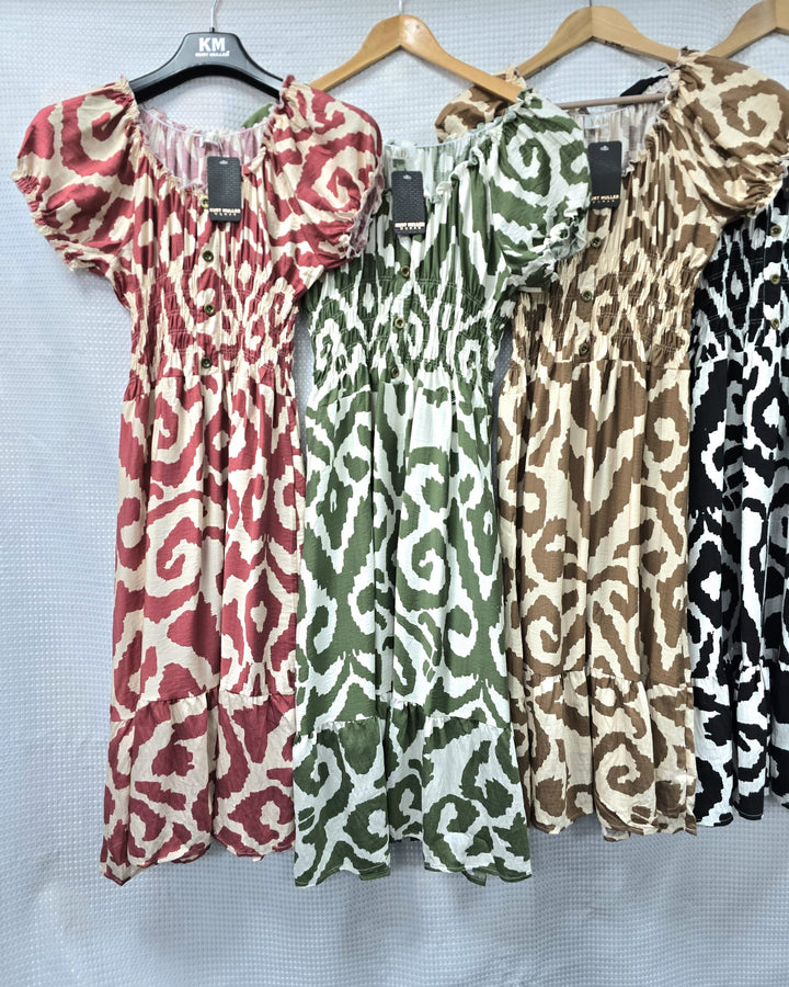 Marble Print Cotton Linen Bardot Midi Dress (3P.PACK) - jqwholesale.com