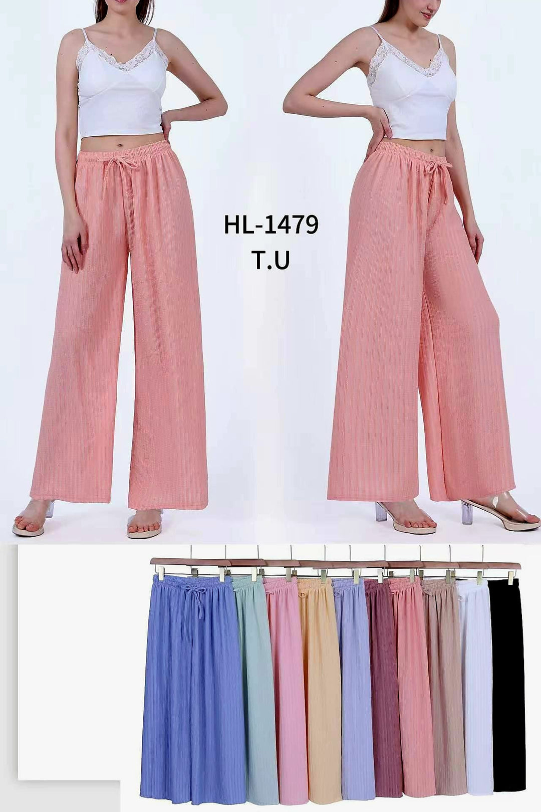 Textured Plain Plisse Wide Leg Elasticated Trousers (9P.PACK) - jqwholesale.com