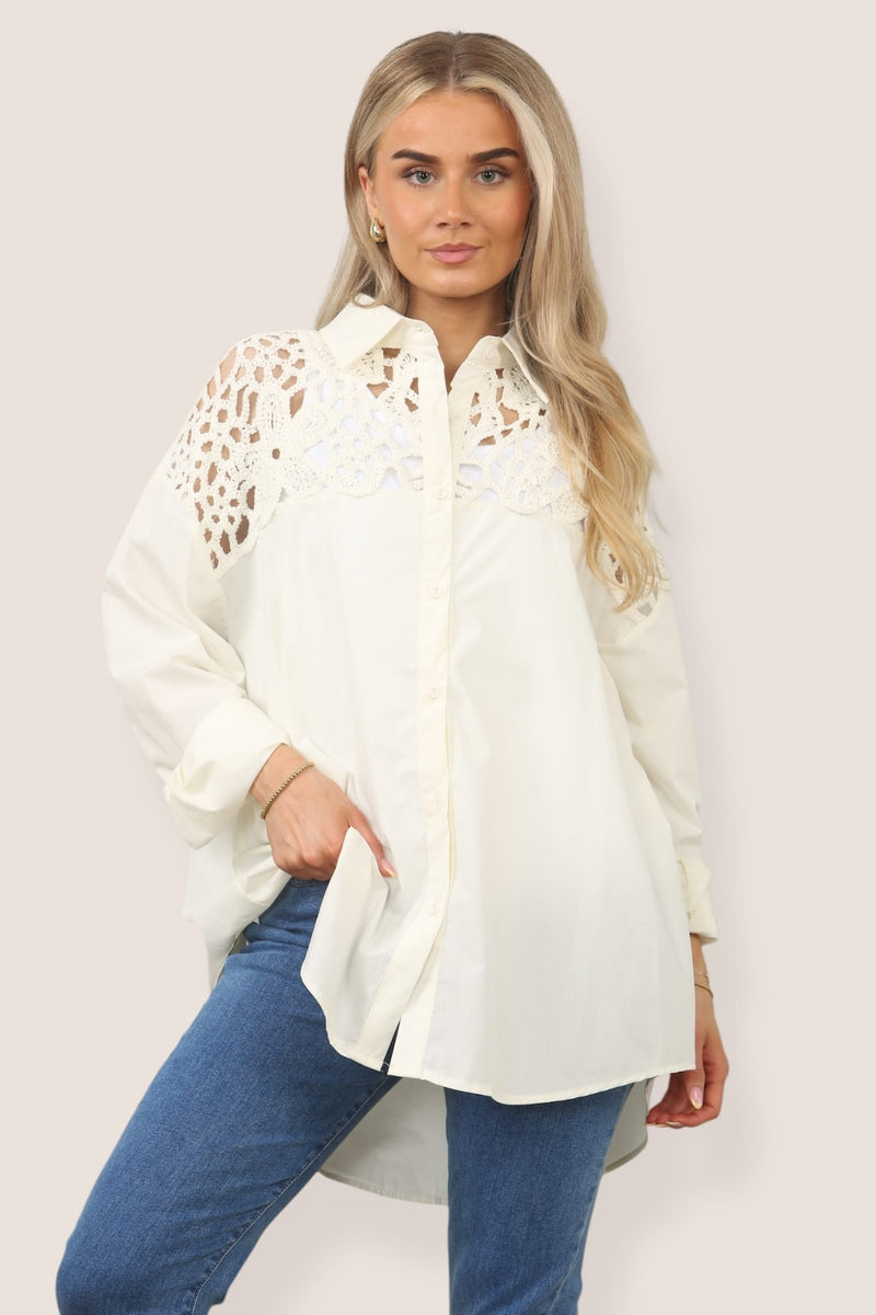 Crochet Panel Curve Hem Cotton Shirt (2P. PACK) - jqwholesale.com