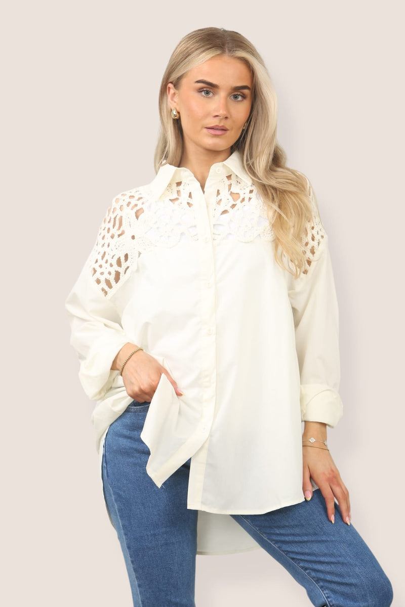 Crochet Panel Curve Hem Cotton Shirt (2P. PACK) - jqwholesale.com