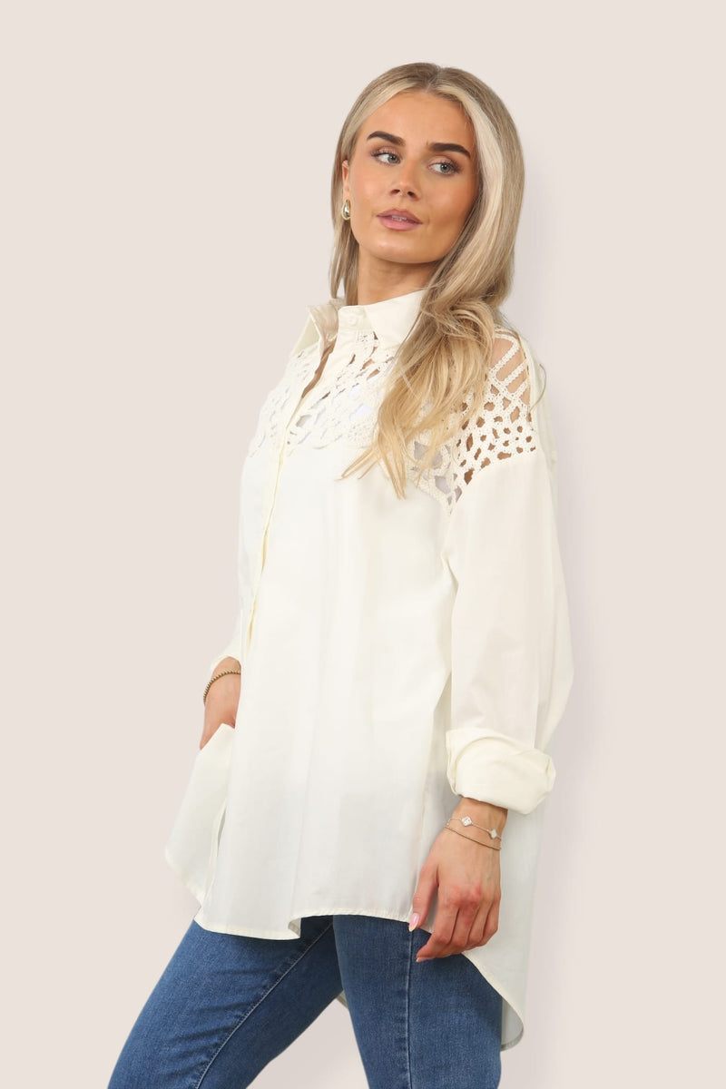 Crochet Panel Curve Hem Cotton Shirt (2P. PACK) - jqwholesale.com