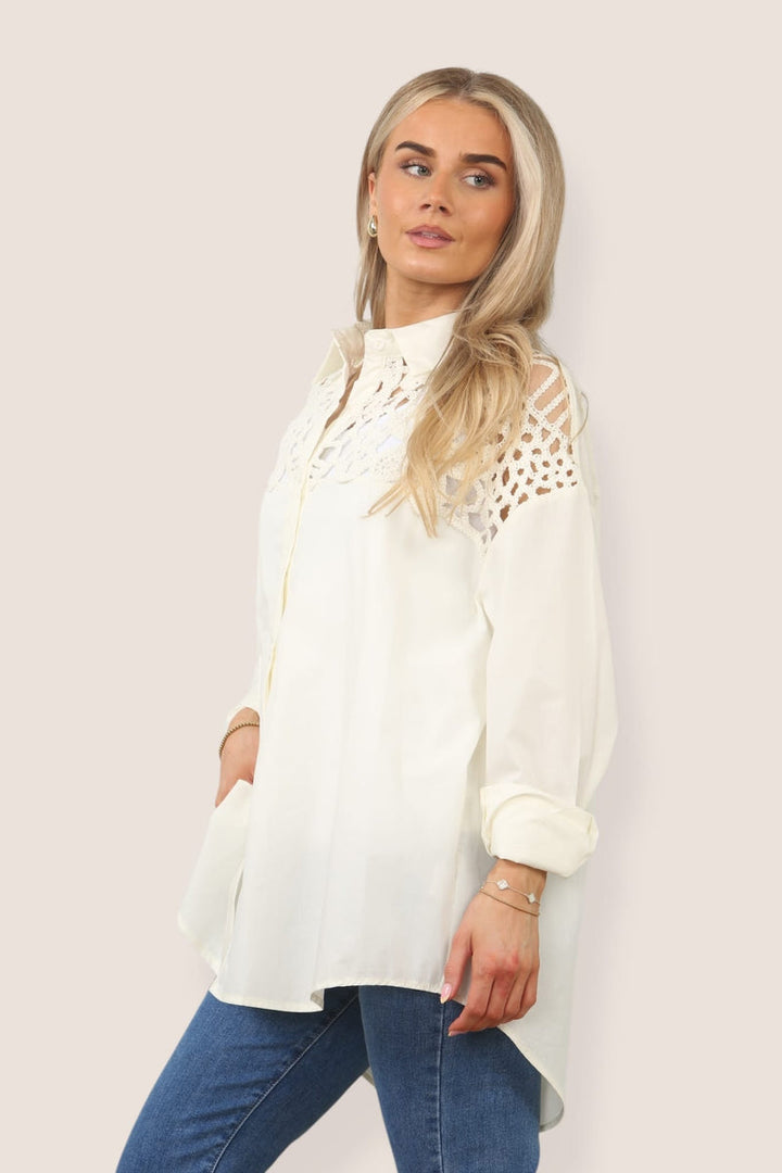 Crochet Panel Curve Hem Cotton Shirt (2P. PACK) - jqwholesale.com