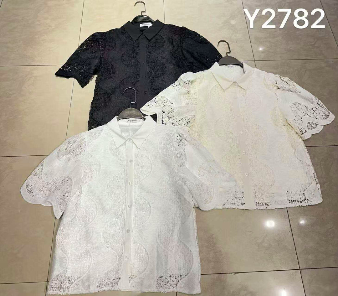 Lace Short Sleeve Crochet Anglais Shirt (2P.PACK) - jqwholesale.com