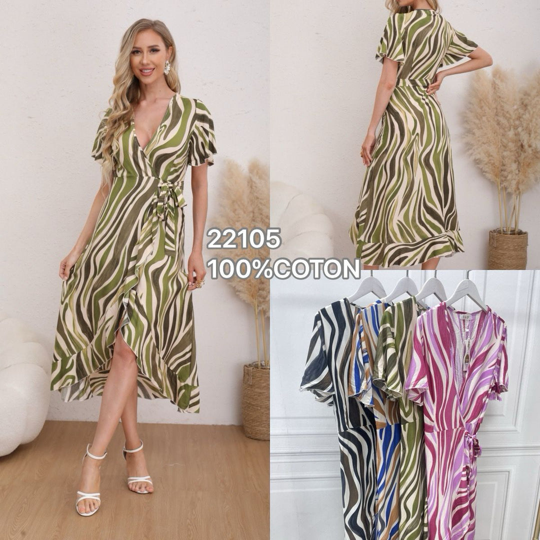 Belted V Crossover Pure Cotton Frill Midaxi Dress (12P.PACK) - jqwholesale.com
