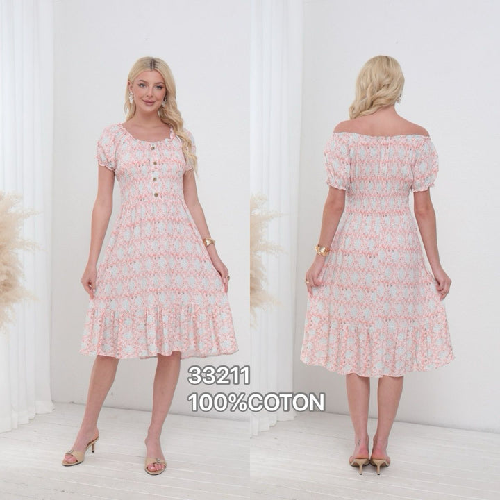 Ambi Pure Cotton Bardot Rouched Midi Dress (12P.PACK) - jqwholesale.com