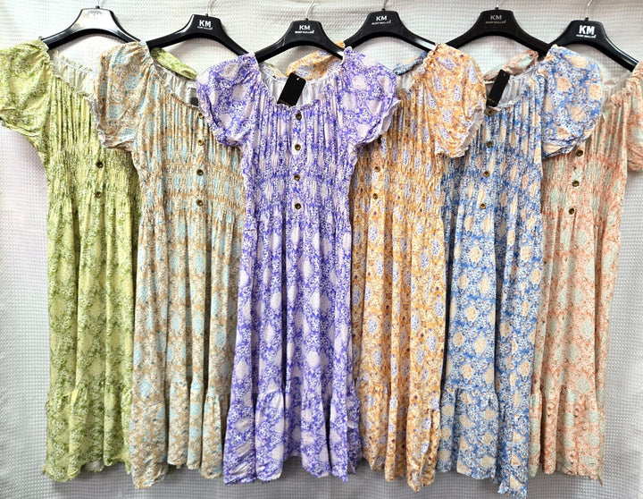 Ambi Pure Cotton Bardot Rouched Midi Dress (12P.PACK) - jqwholesale.com