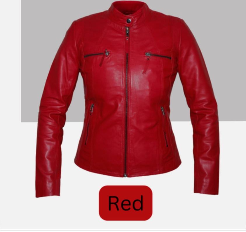 Red Real Leather Mandarin Collar Jacket - jqwholesale.com