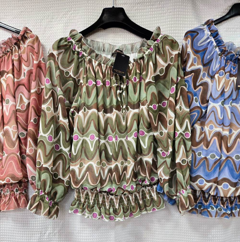 Wave Print Ruffle Bardot Blouse (2P.PACK) - jqwholesale.com