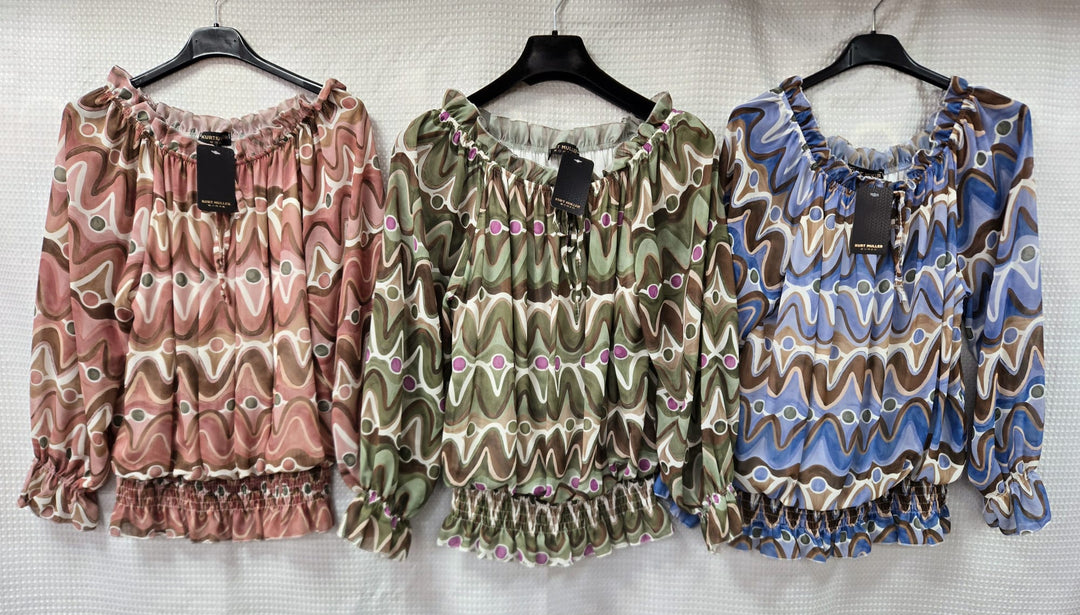 Wave Print Ruffle Bardot Blouse (2P.PACK) - jqwholesale.com