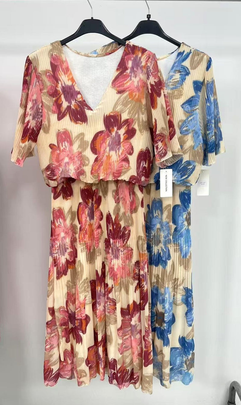 Daisy Print Short Sleeve Plisse Layered Maxi Dress - jqwholesale.com