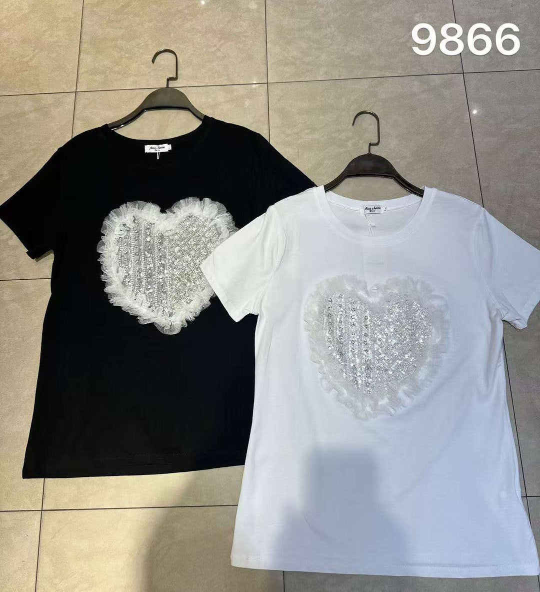 Pearl Diamante Frill Heart Embellished Tshirt (2P.PACK) - jqwholesale.com