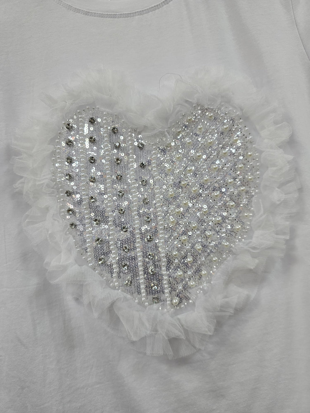 Pearl Diamante Frill Heart Embellished Tshirt (2P.PACK) - jqwholesale.com