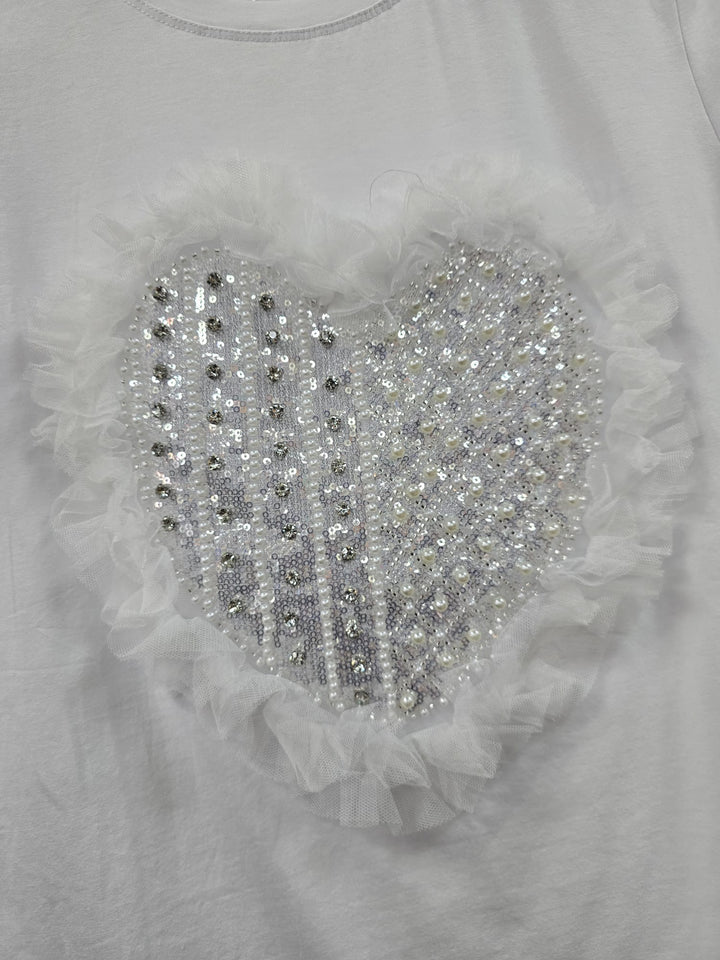 Pearl Diamante Frill Heart Embellished Tshirt (2P.PACK) - jqwholesale.com