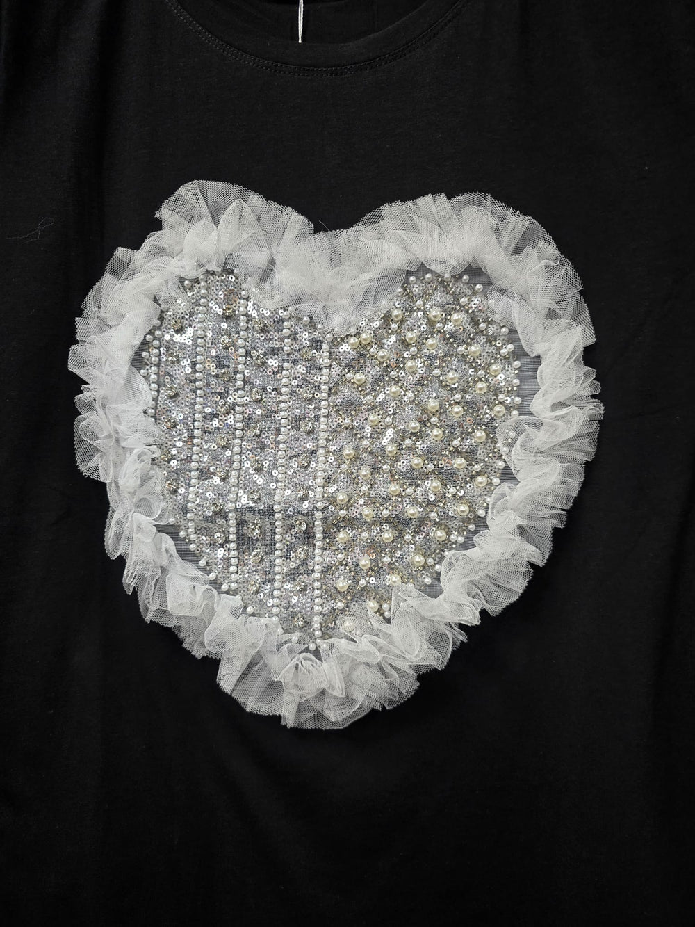 Pearl Diamante Frill Heart Embellished Tshirt (2P.PACK) - jqwholesale.com