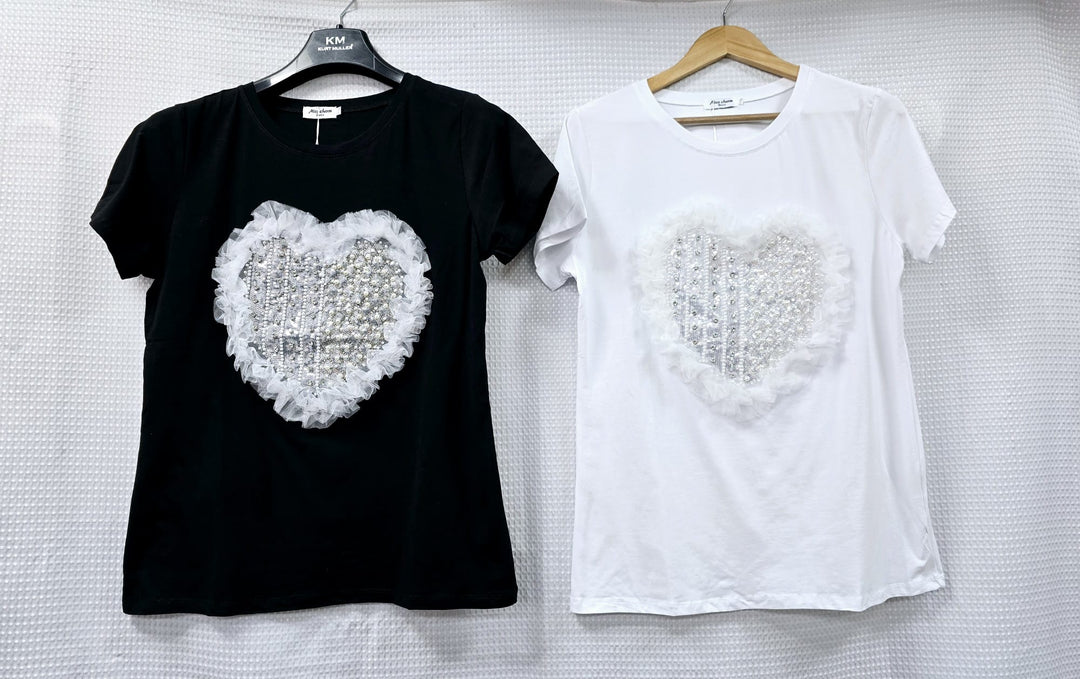 Pearl Diamante Frill Heart Embellished Tshirt (2P.PACK) - jqwholesale.com