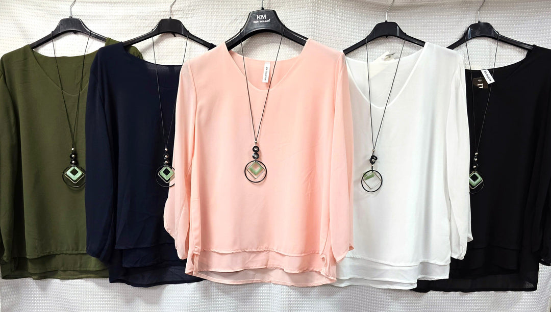Donna V Neck Tiered Hem Necklace Blouse