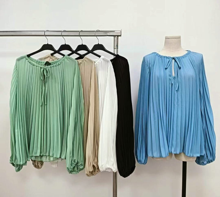 Plisse Long Sleeve Italian Blouse