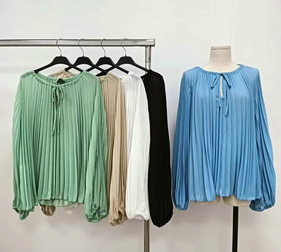 Plisse Long Sleeve Italian Blouse - jqwholesale.com