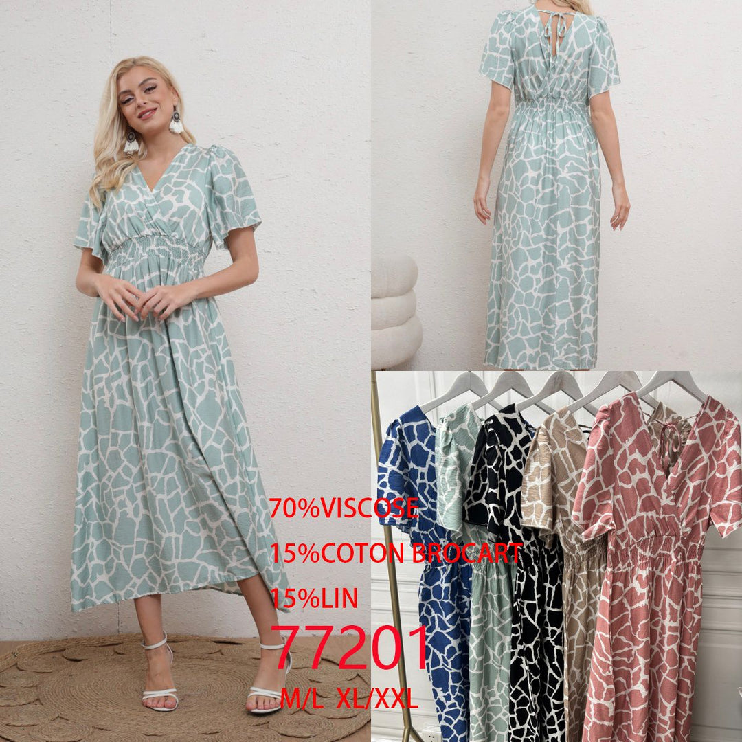 Giraffe Crossover Double V Tie Back Cotton Linen Dress (2P.PACK)
