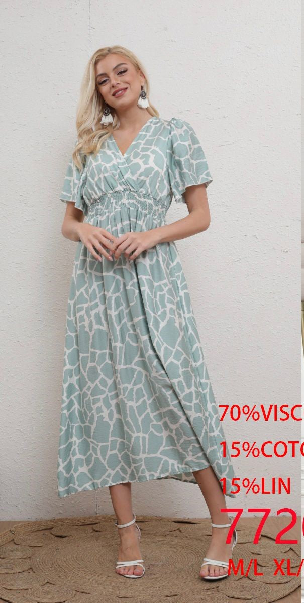 Giraffe Crossover Double V Tie Back Cotton Linen Dress (2P.PACK)