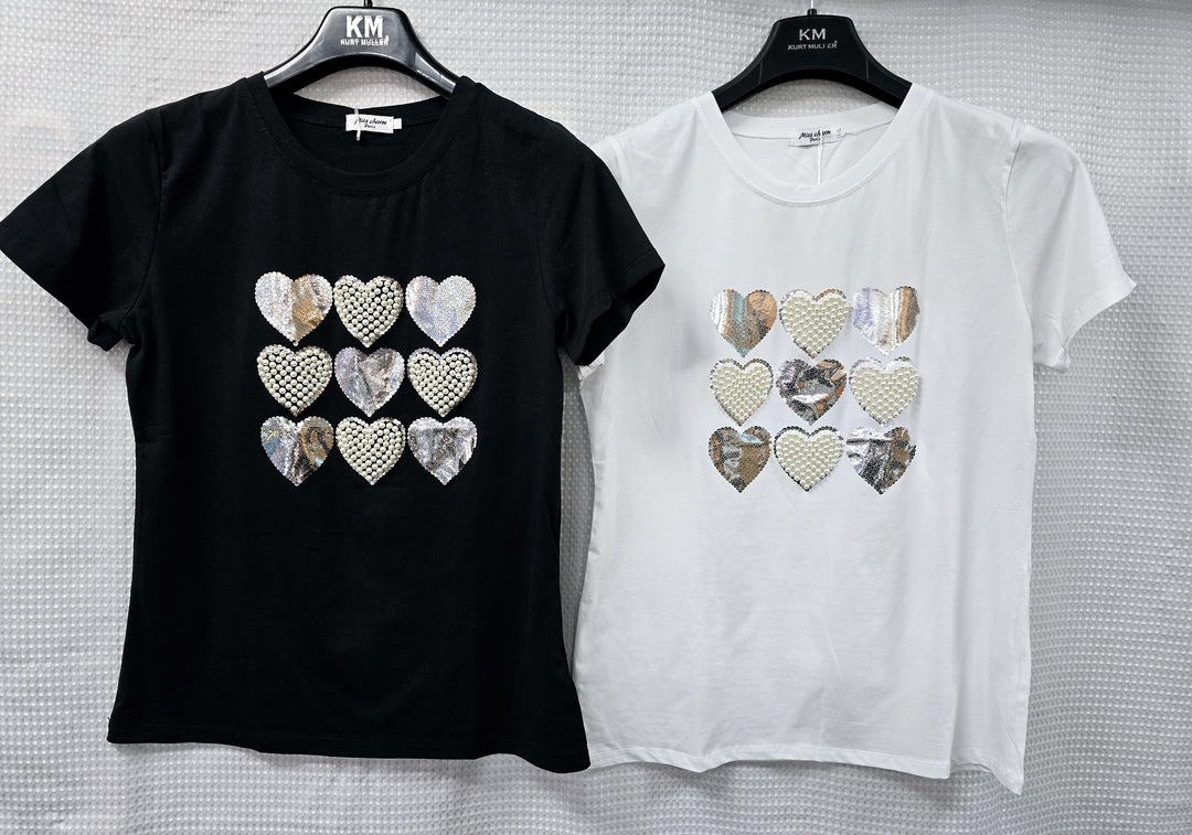 Multi Heart Pearl Trim Cotton T-shirt (2P. PACK)