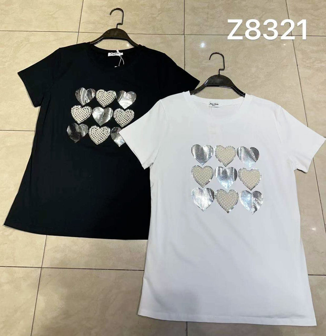 Multi Heart Pearl Trim Cotton T-shirt (2P. PACK)