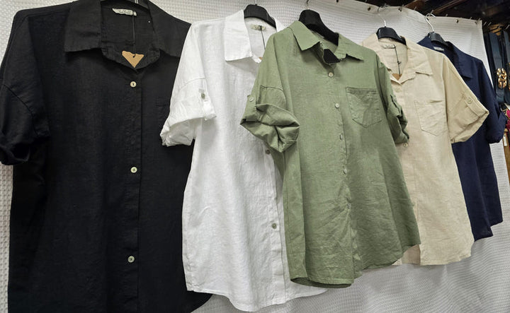 Linen Cotton Blend Turn Up Sleeve Shirt - jqwholesale.com