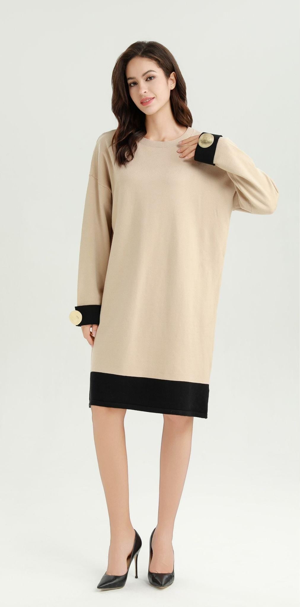 Fine Knit Gold Button Tunic Dress - jqwholesale.com