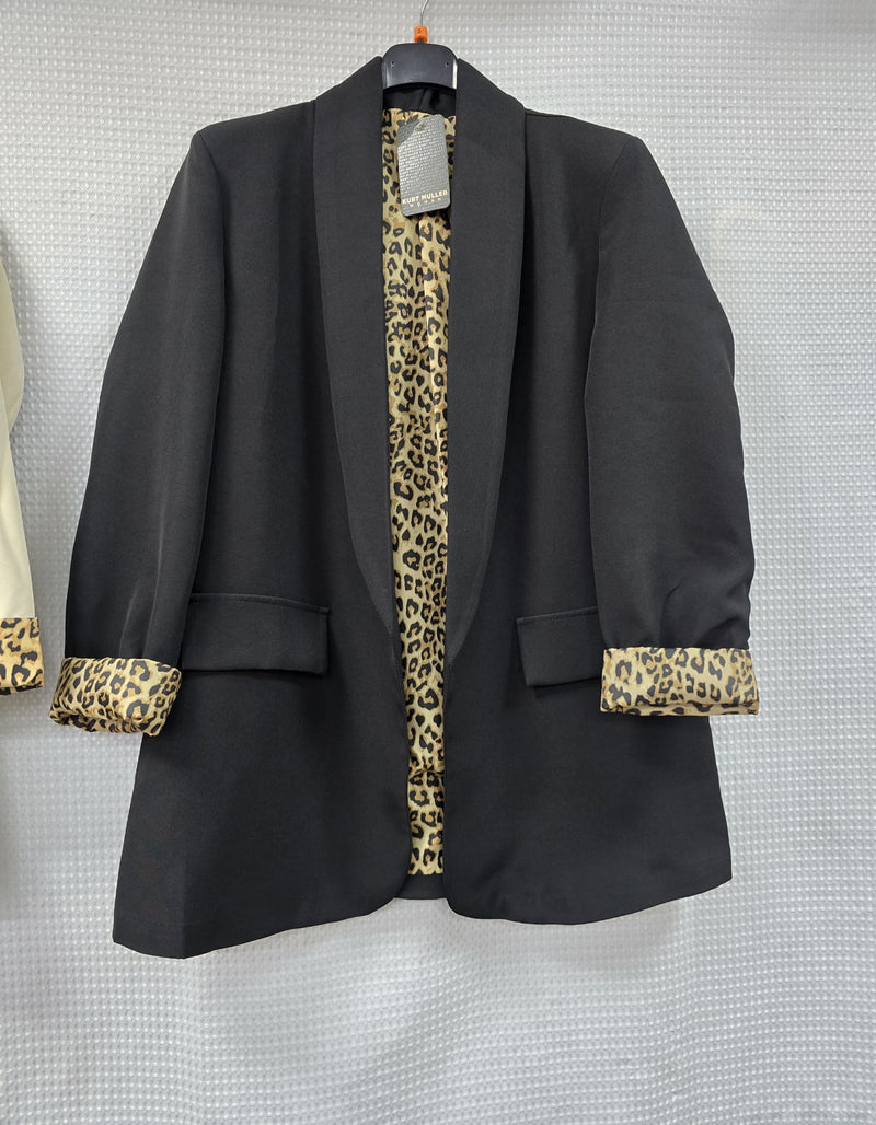 Leopard Trim Turn Up Sleeve Blazer - jqwholesale.com