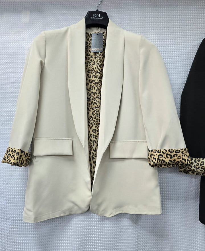 Leopard Trim Turn Up Sleeve Blazer - jqwholesale.com