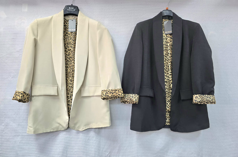 Leopard Trim Turn Up Sleeve Blazer - jqwholesale.com