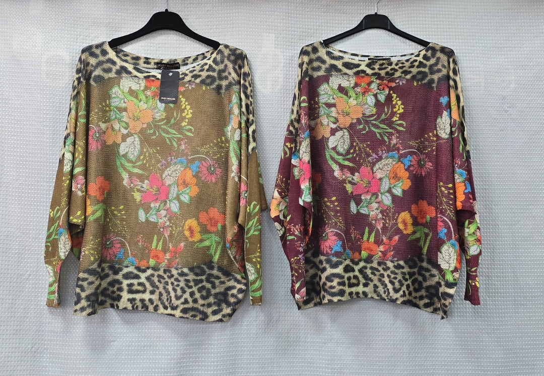 Botanical Print Mesh Fine Knit Top - jqwholesale.com