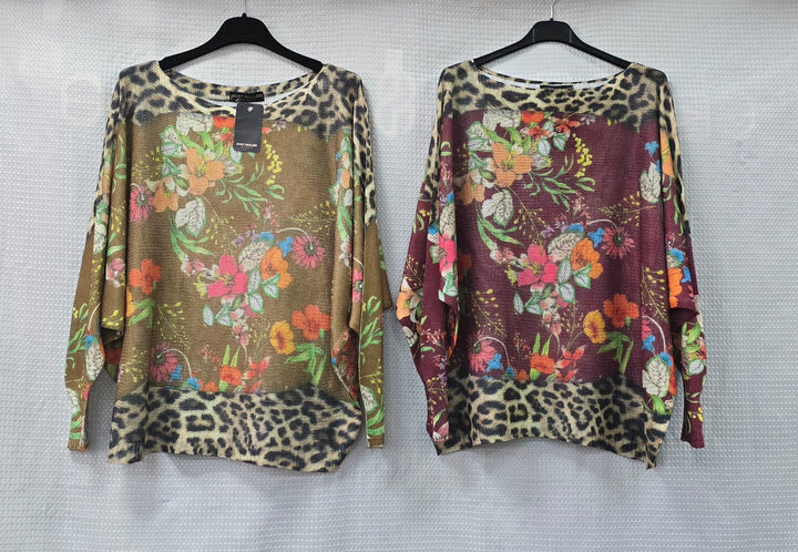 Botanical Print Mesh Fine Knit Top - jqwholesale.com